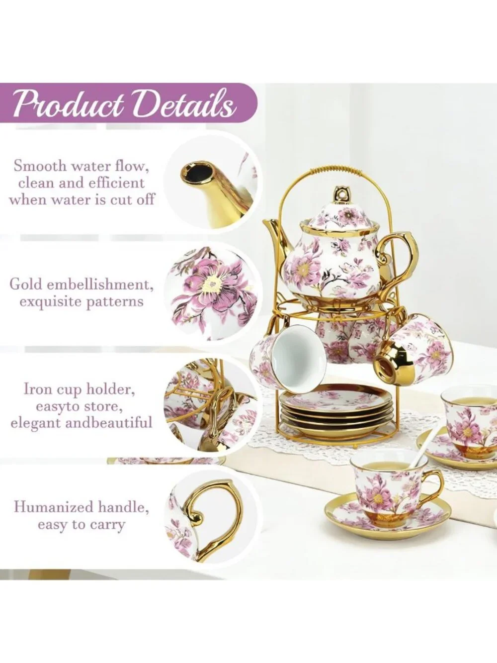 Elegant 20-Piece Porcelain Tea Set with Metal Holder for 6 - Perfect for
